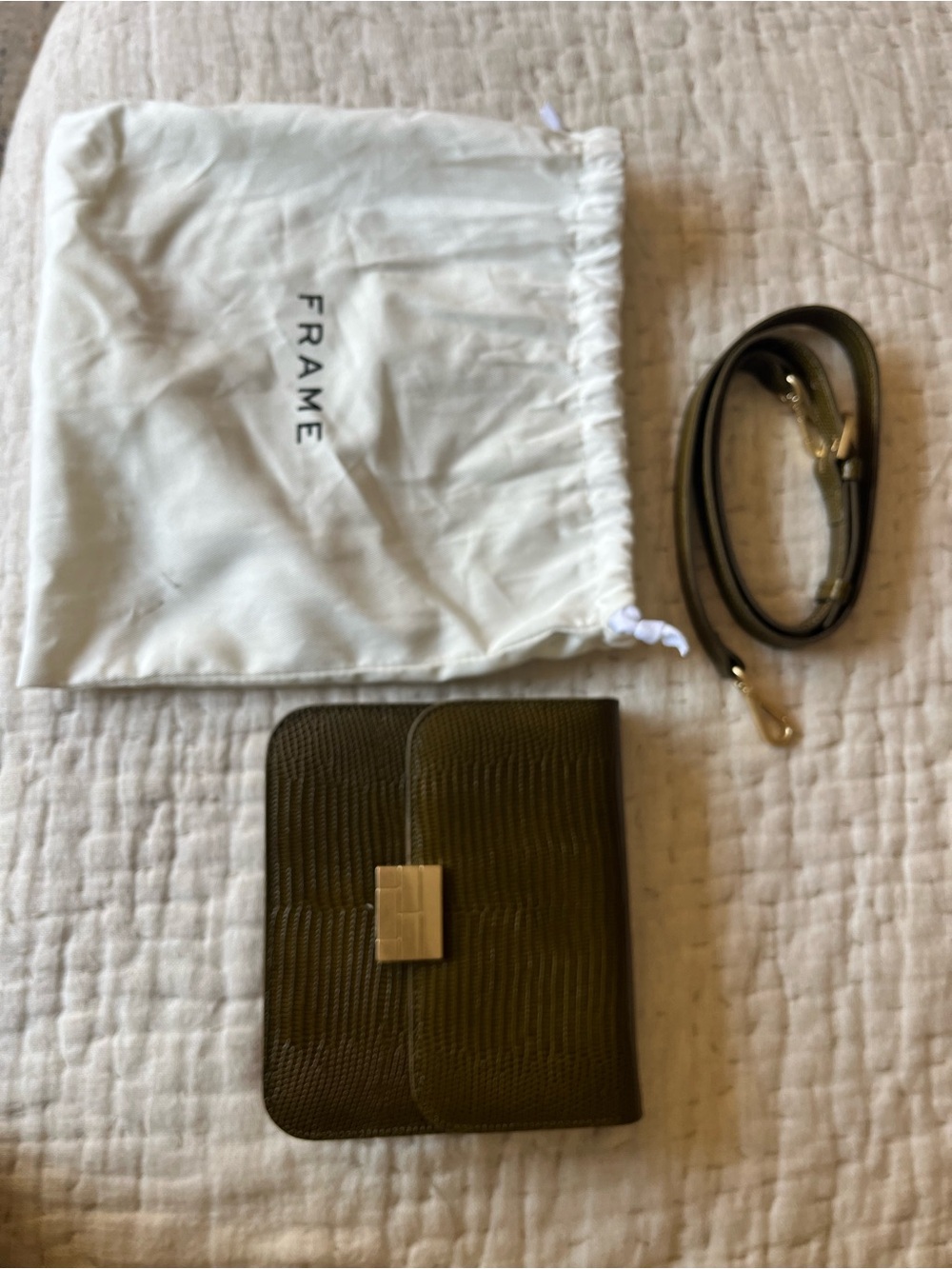 Frame Denim Olive Textured Leather Card & Key Holder with Detachable Strap